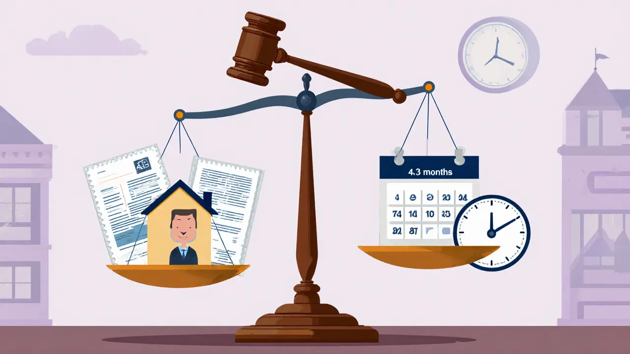 Судебное заседание по выписке жильца: весы балансируют между домом и временем, документы и календарь на фоне.