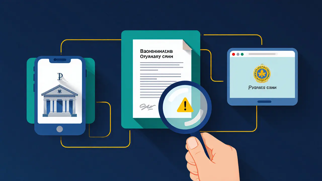 Три ключевых элемента проверки эскроу-счета: банк, договор и портал, соединенные золотыми линиями.