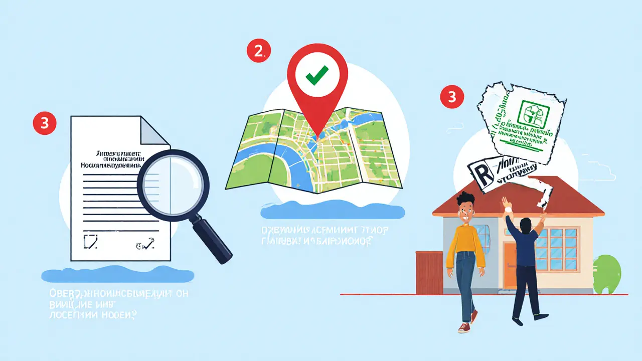 Три шага перед покупкой земли: проверка ЕГРН, границ и ГПЗУ — человек идёт к дому с зелёной галочкой.