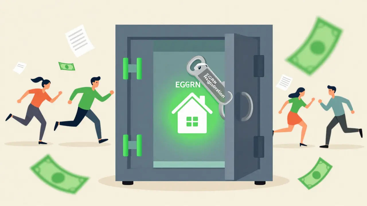 Банковская ячейка открывается ключом от ЕГРН, внутри — квартира с именем покупателя, символ безопасности.