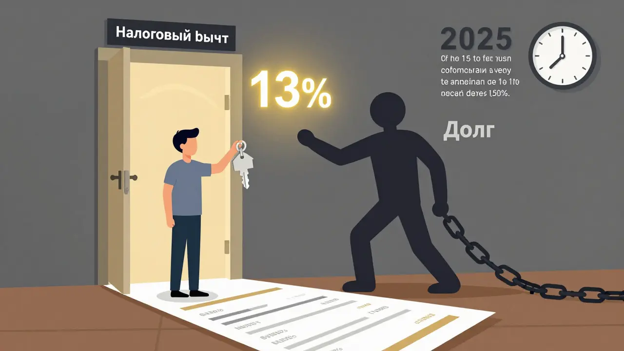 Человек держит ключ от квартиры, но за ним тянется долговая цепь, а рядом — возможность налогового вычета.