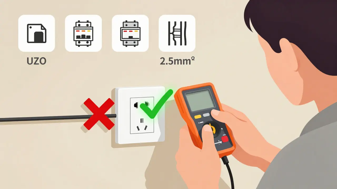 Человек измеряет напряжение в розетке, рядом видны правильные и неправильные провода.