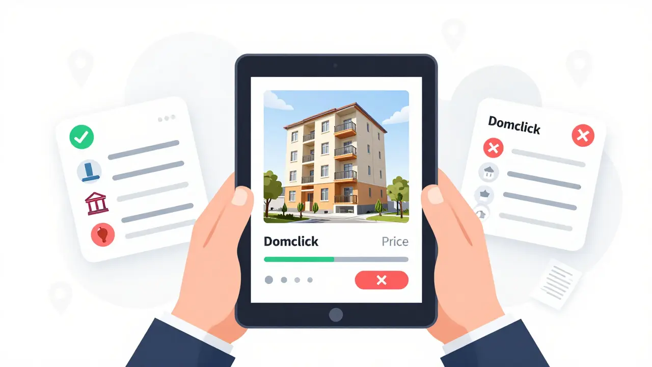 Человек проверяет оценку квартиры через приложение Domclick, рядом — два отчета с оценкой достоверности.