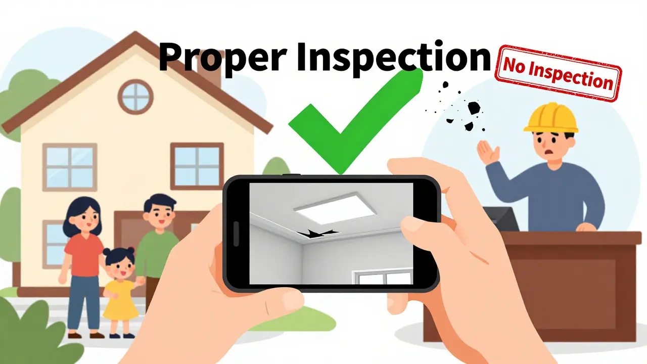 Человек записывает видео дефекта, за ним — растущий символ проверки и разрушающийся штамп 'без проверки'.