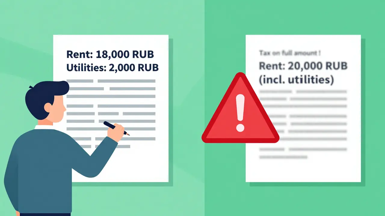 Договор аренды: одна версия с разделенными платежами, другая — с включенными коммунальными, красный знак предупреждения.