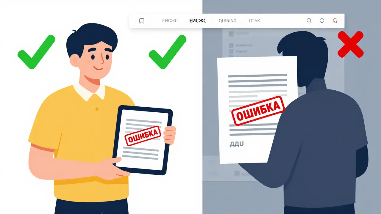 Электронный ДДУ с подписью и регистрацией справа, слева — договор с расплывчатыми условиями и красными ошибками.