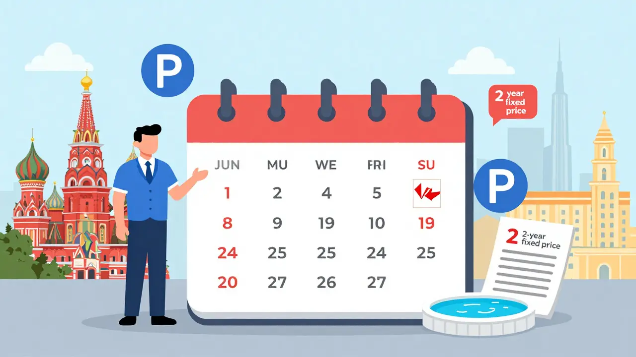 Календарь с сезонностью аренды элитной недвижимости в Москве и символами сервисов: консьерж, бассейн, договор.