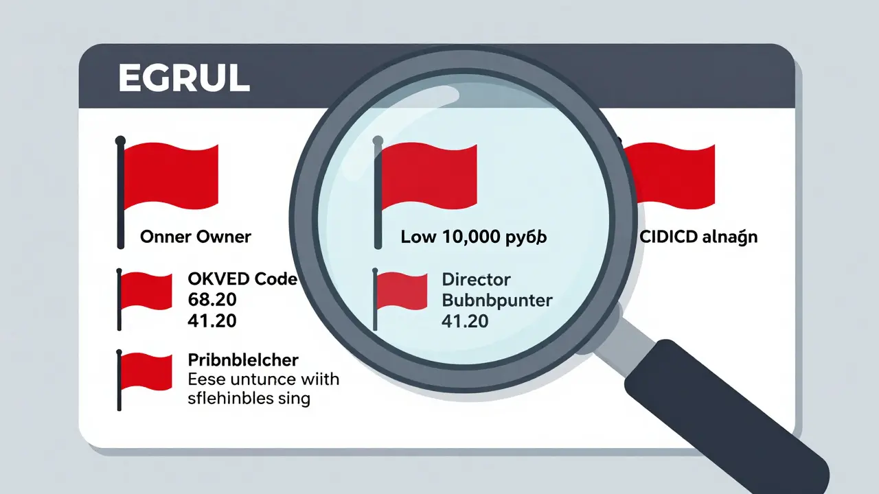 Мagnifying glass выделяет пять красных флагов в выписке ЕГРЮЛ: низкий капитал, неправильный код деятельности и офшорный учредитель.