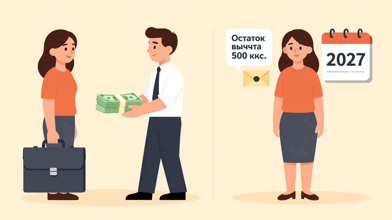 Муж получает деньги, жена хранит остаток вычета для будущей покупки.