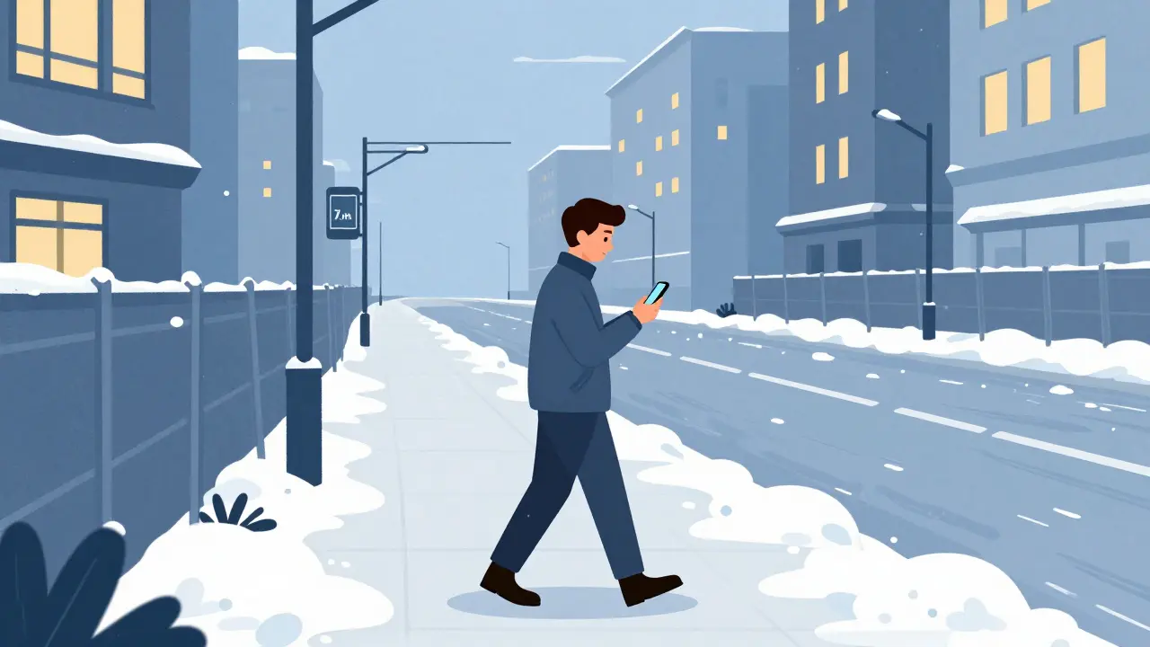 Мужчина измеряет время до метро в снегопад, по пути — нерасчищенные тротуары и заборы.