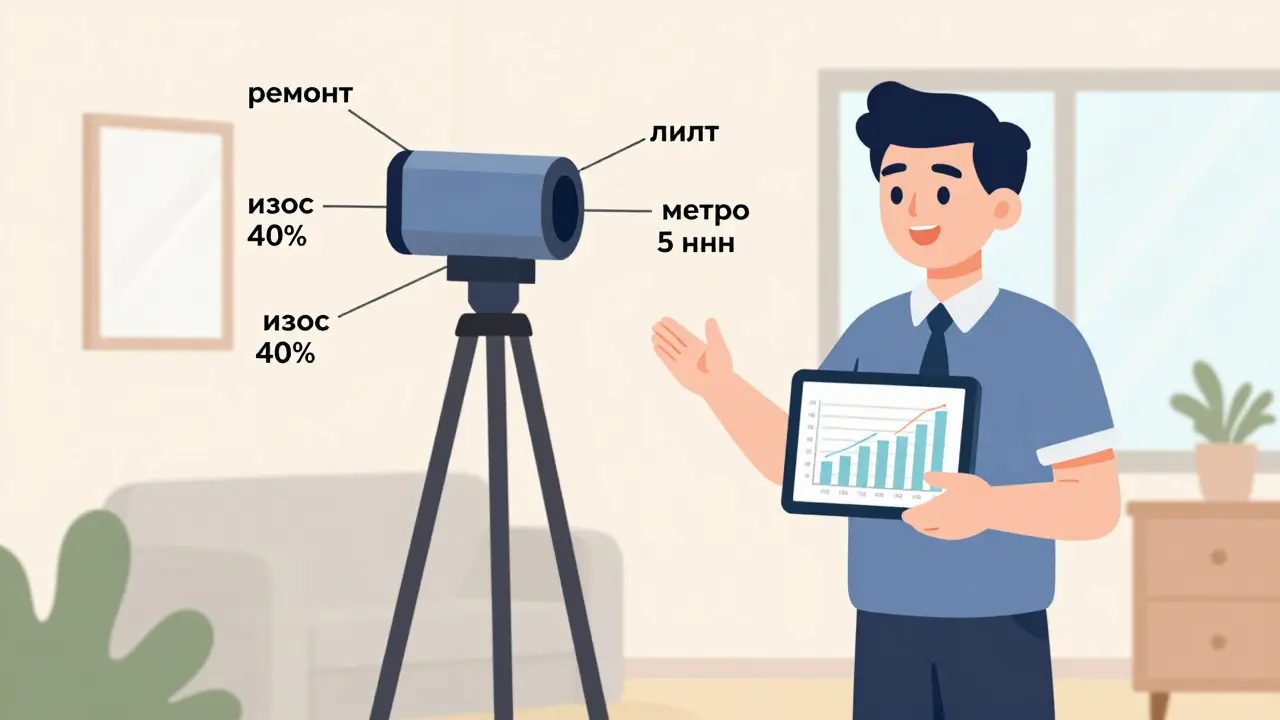 Оценщик измеряет квартиру с планом и графиками аналогичных объектов