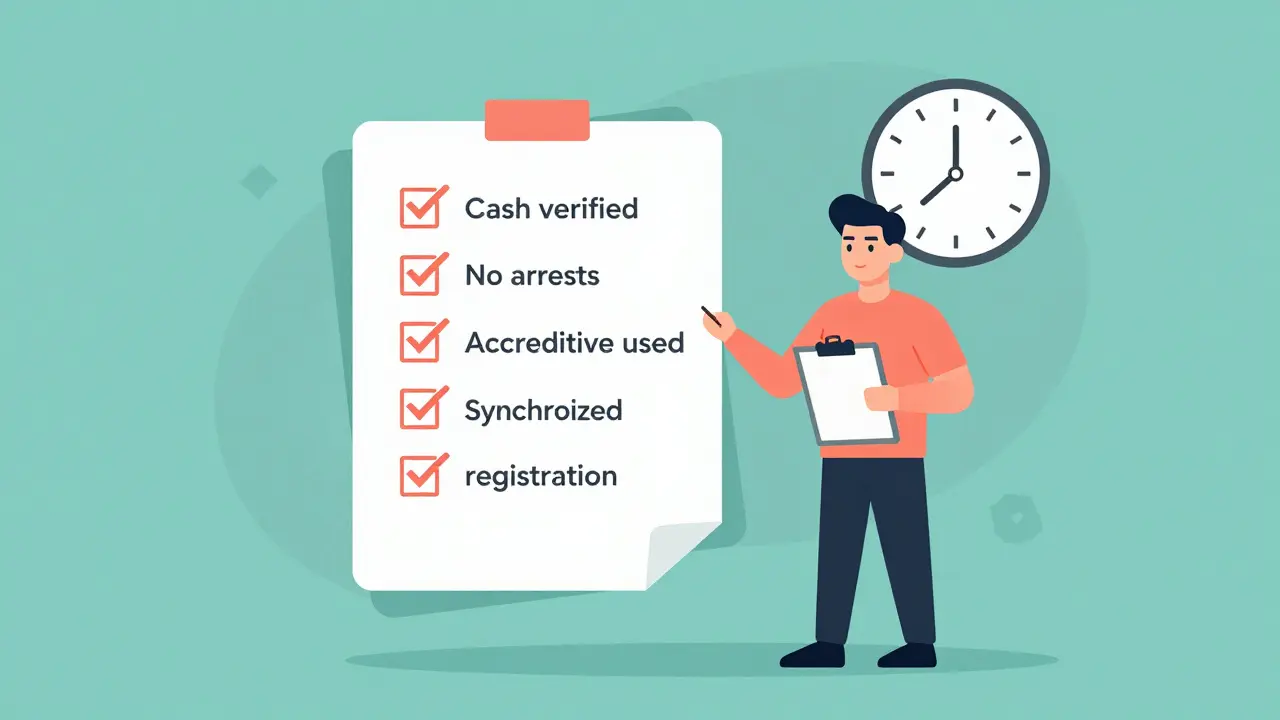 Плавающий чек-лист с проверками для покупателя, продавец с блокнотом, синхронные сделки на фоне.