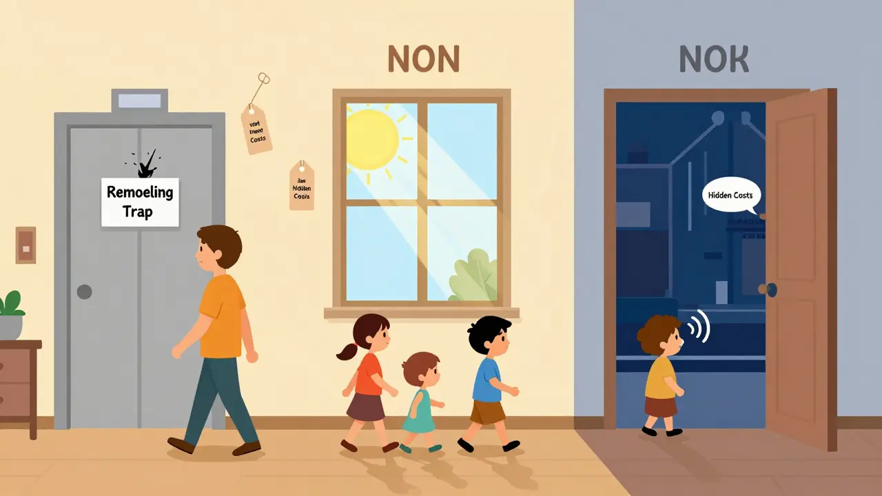 Семья осматривает квартиру в разное время суток, сосед шепчет предупреждение о шуме и проблемах.