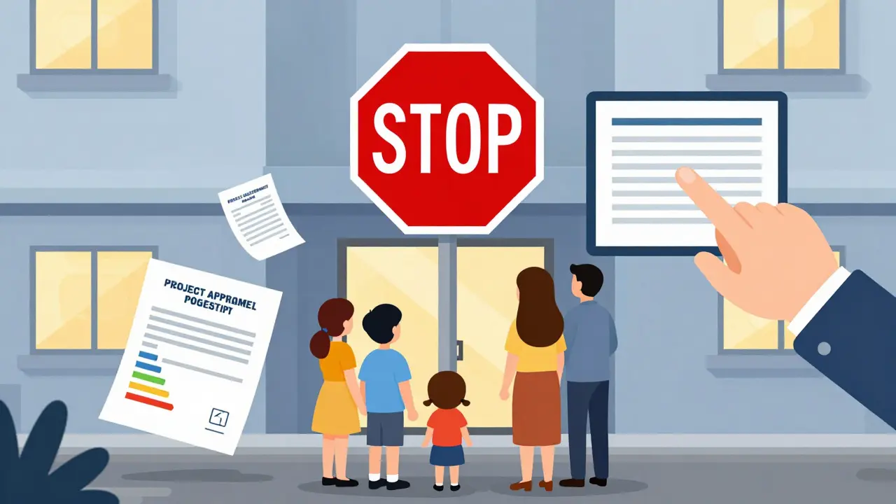 Семья стоит перед домом с красным стоп-сигналом, вокруг разбросаны важные строительные документы.