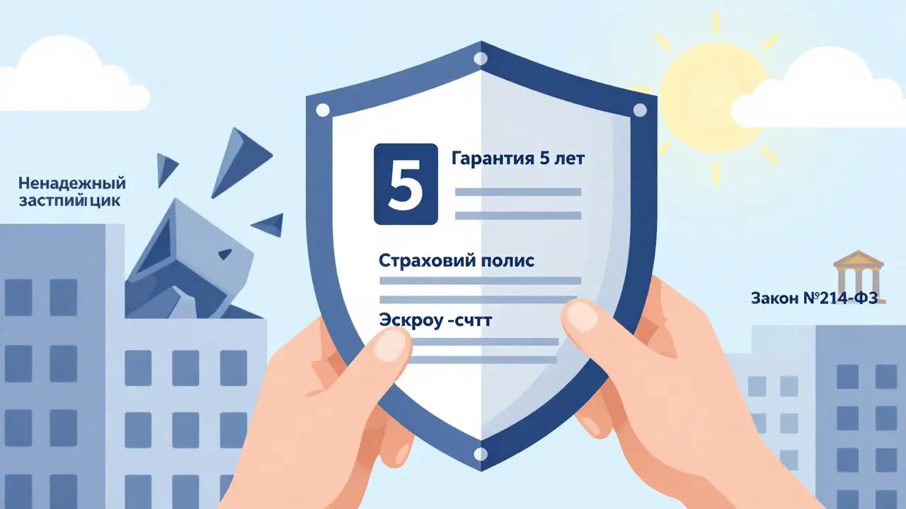 Щит из юридических документов защищает дом от обрушения, символизируя защиту дольщика по закону.