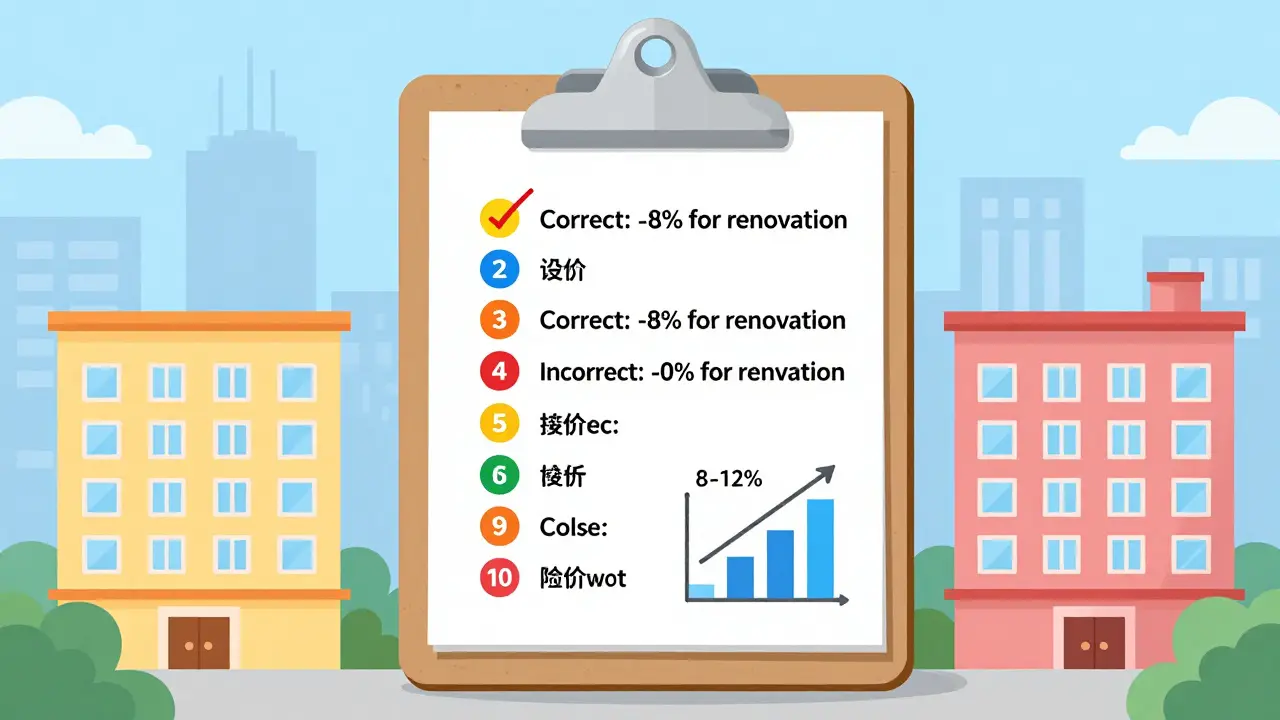 Сравнение корректировок при оценке: один отчет правильно учитывает ремонт, другой — нет, с графиком разницы в цене.