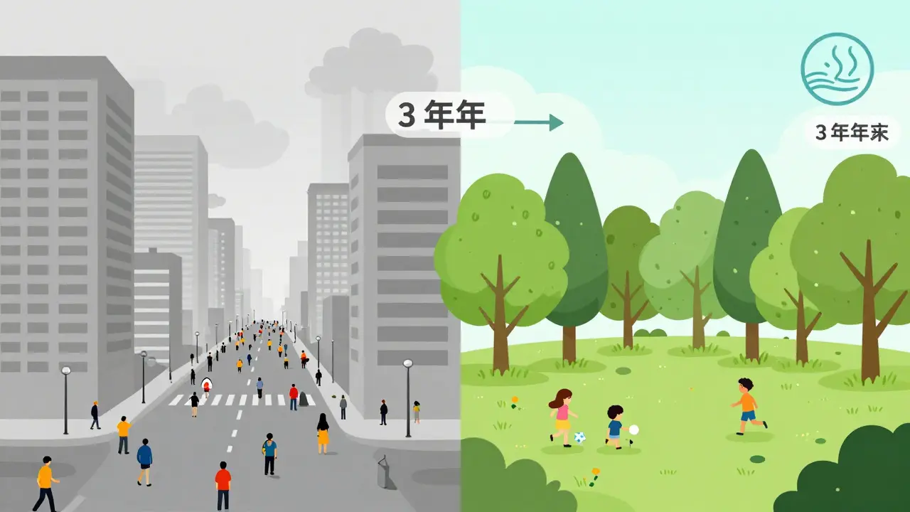 Сравнение шумного центра и тихого паркового района с ростом цен через три года.