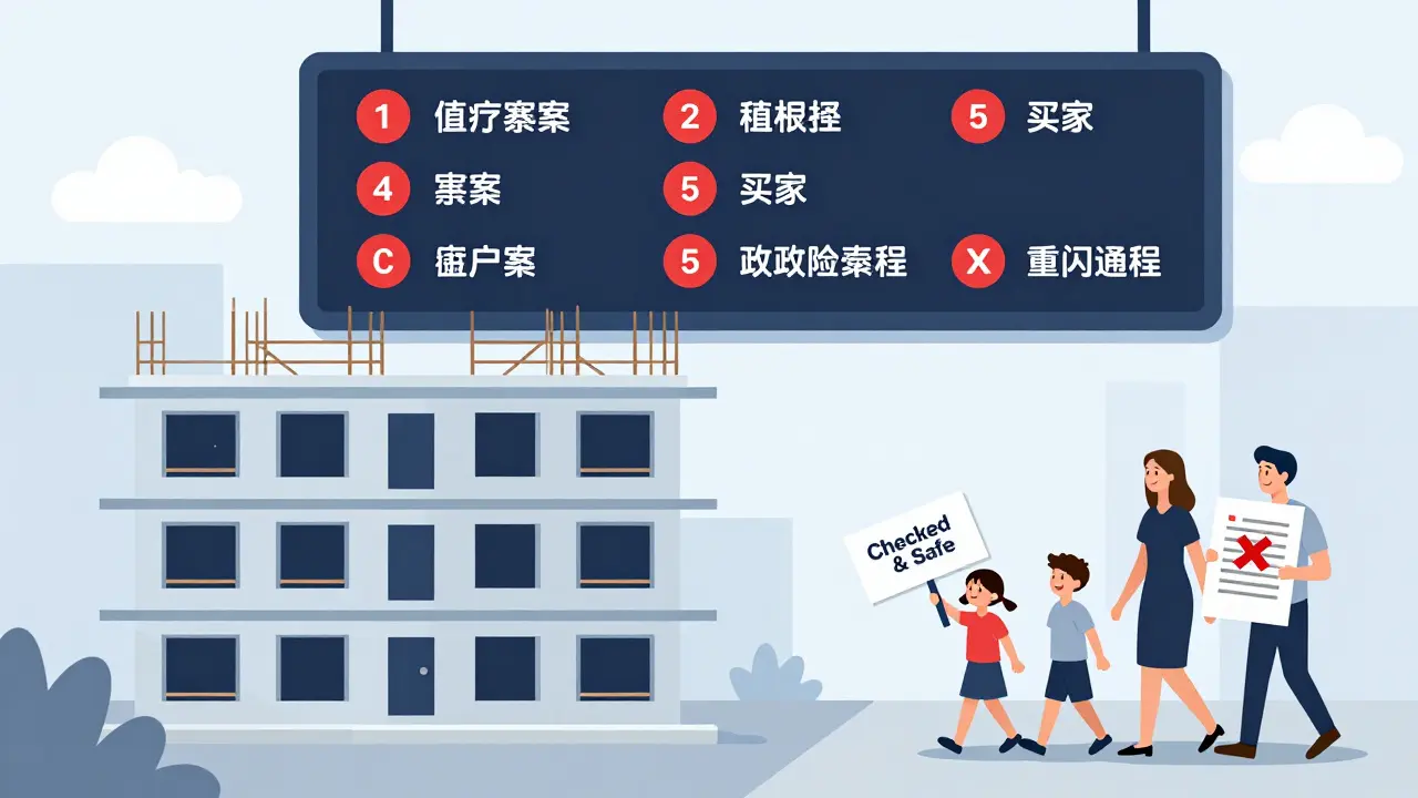 Строительная площадка с цифровым дашбордом рисков: банкротства, иски дольщиков и долги, семья уходит в безопасность.