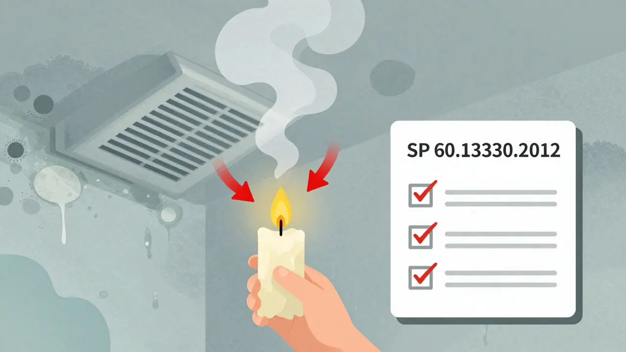 Свеча у вентиляционной решетки, дым идет внутрь, показывая обратную тягу.