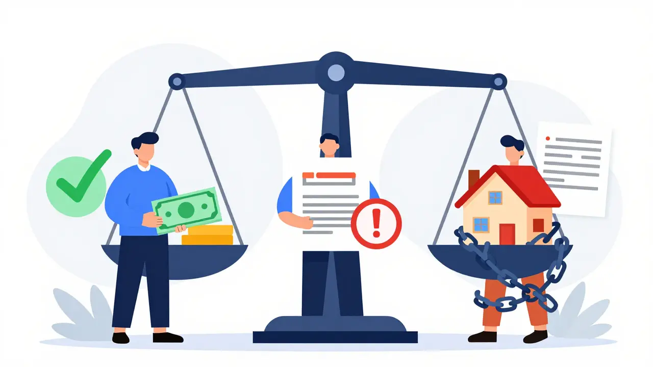 Три типа покупателей: с наличными, с ипотекой и в цепочке, сравниваются на весах с домом и договором.