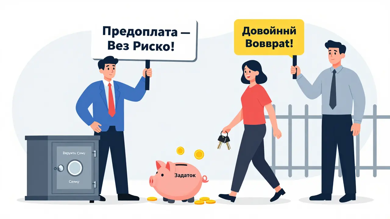 Агент показывает на безопасную предоплату, рядом разбитый копилка с предупреждением о двойном возврате.