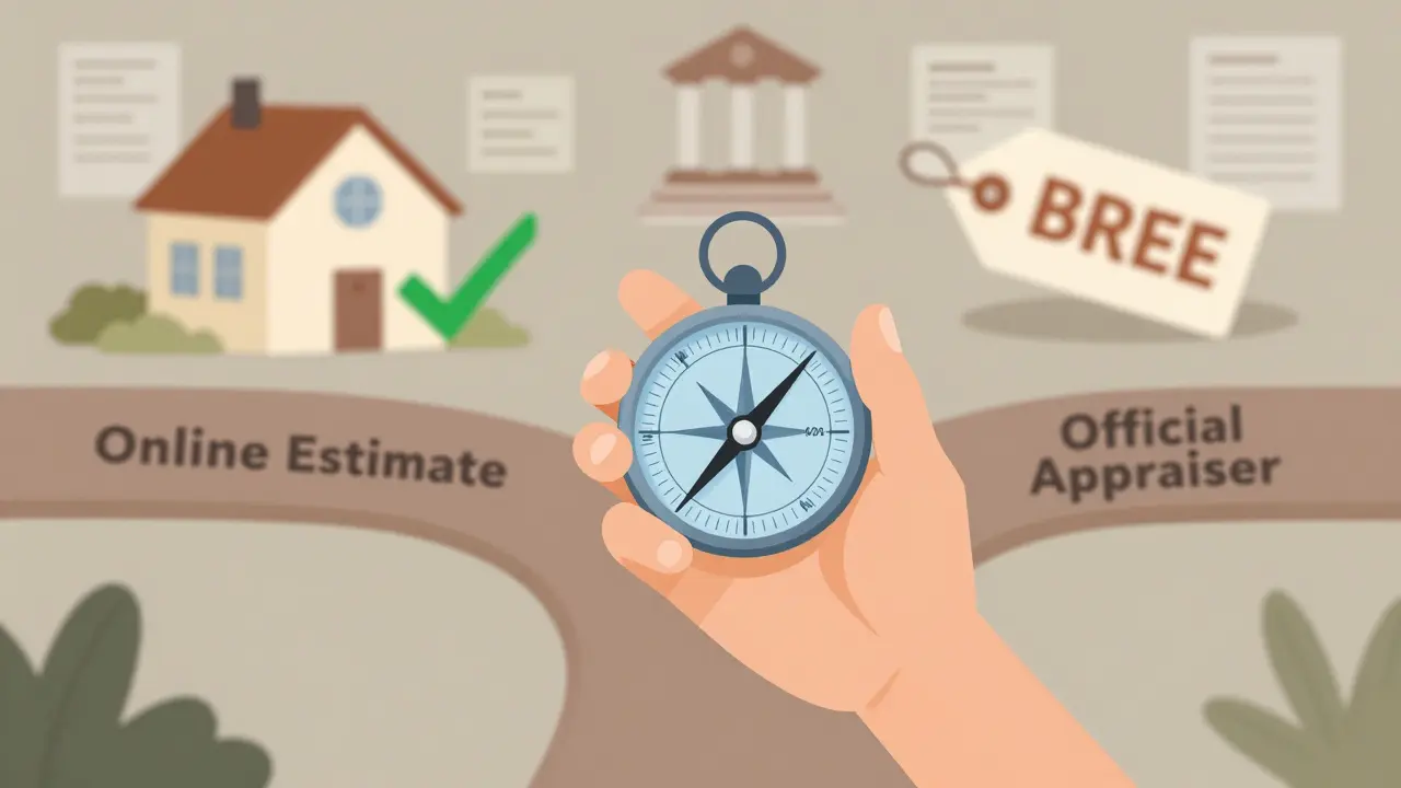 Человек использует компас, указывающий на реальную рыночную цену, рядом с путями к оценщику и онлайн-расчету.