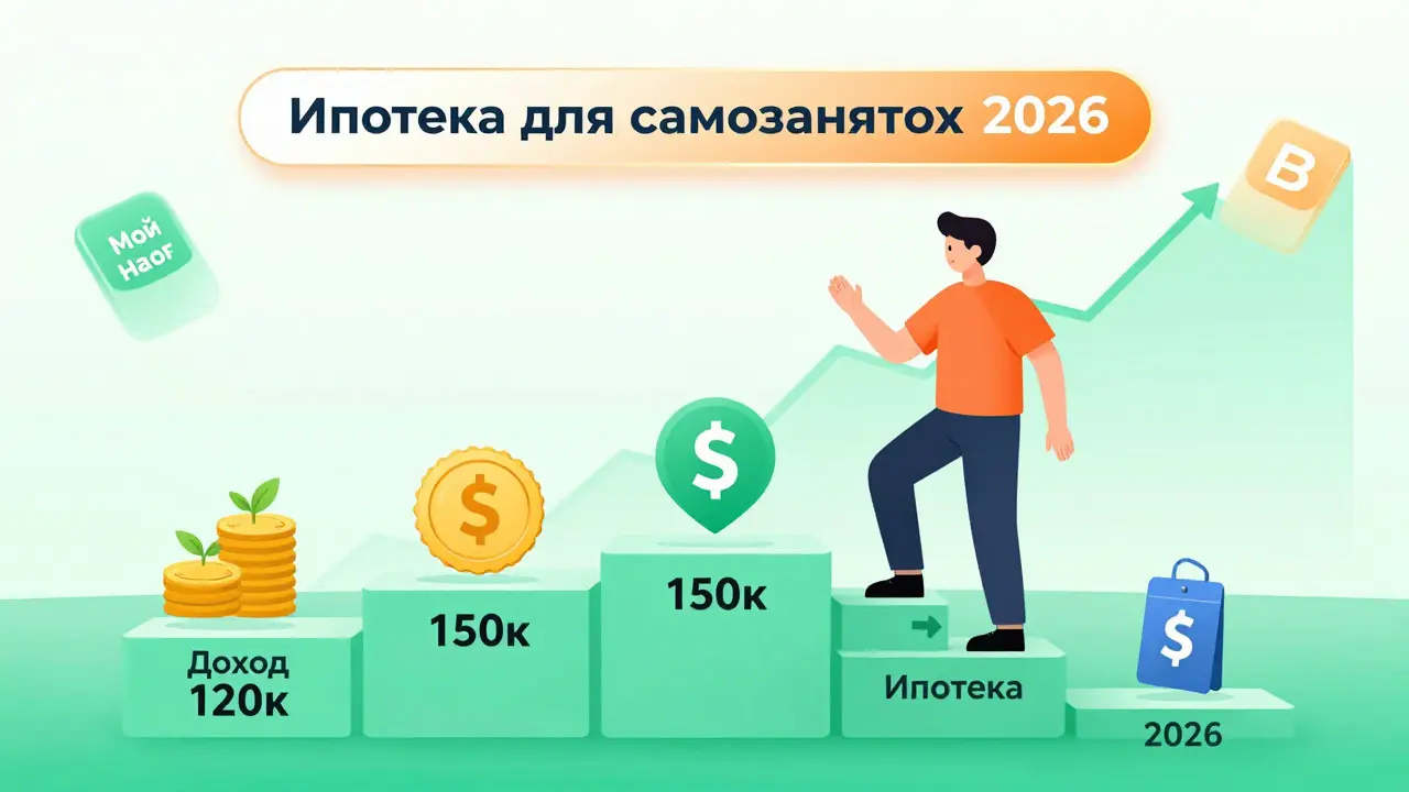 Человек поднимается по ступеням к ипотеке с ростом дохода и поддержкой государства.