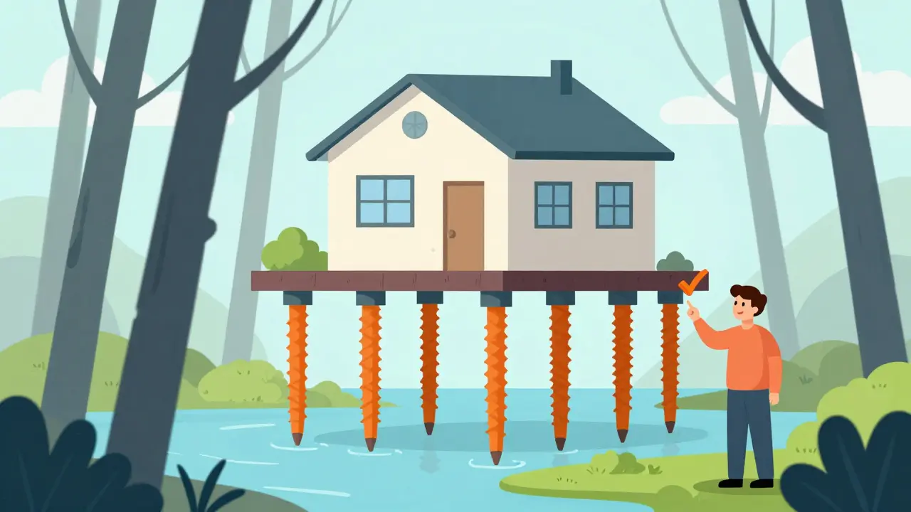 Дом на торфянике на винтовых сваях с ростверком над болотистой почвой