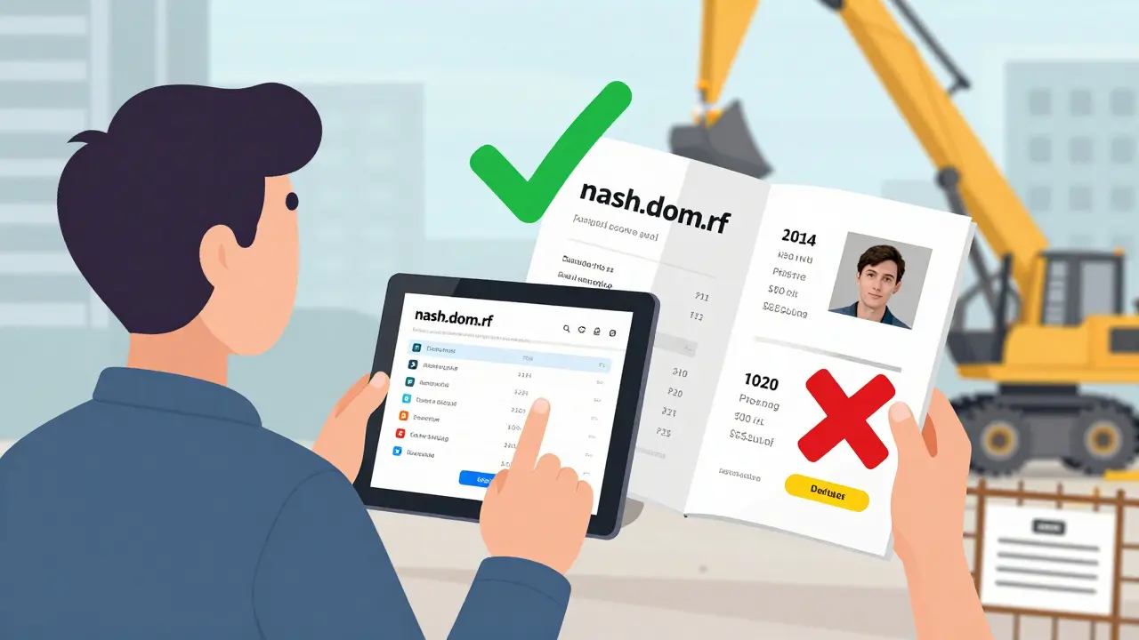 Домовладелец сравнивает официальные данные на портале 'наш.дом.рф' с фальшивой рекламой застройщика.