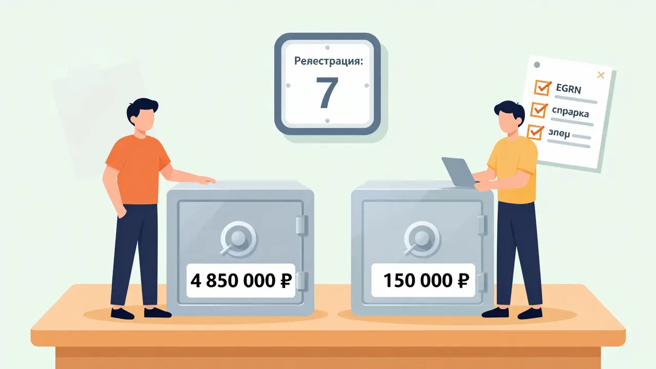 Две банковские ячейки с деньгами и чек-лист документов для сделки с недвижимостью.