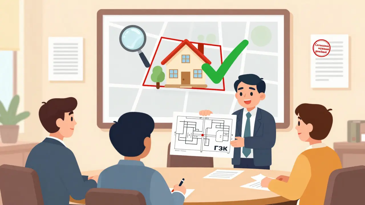 Гражданин представляет план постройки членам градостроительной комиссии в офисе.