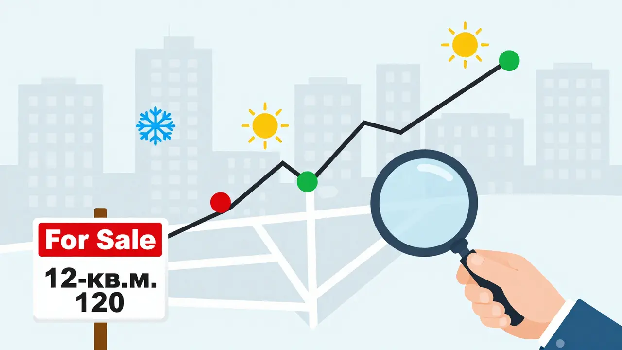 Карта города с сезонами покупки и продажи недвижимости, инвестор ищет выгодную сделку с опечаткой в объявлении.