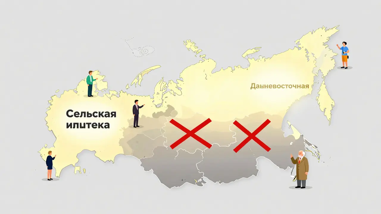 Карта России с выделенными регионами льготной ипотеки, Москва и СПб зачеркнуты, разные категории покупателей отмечены иконками.