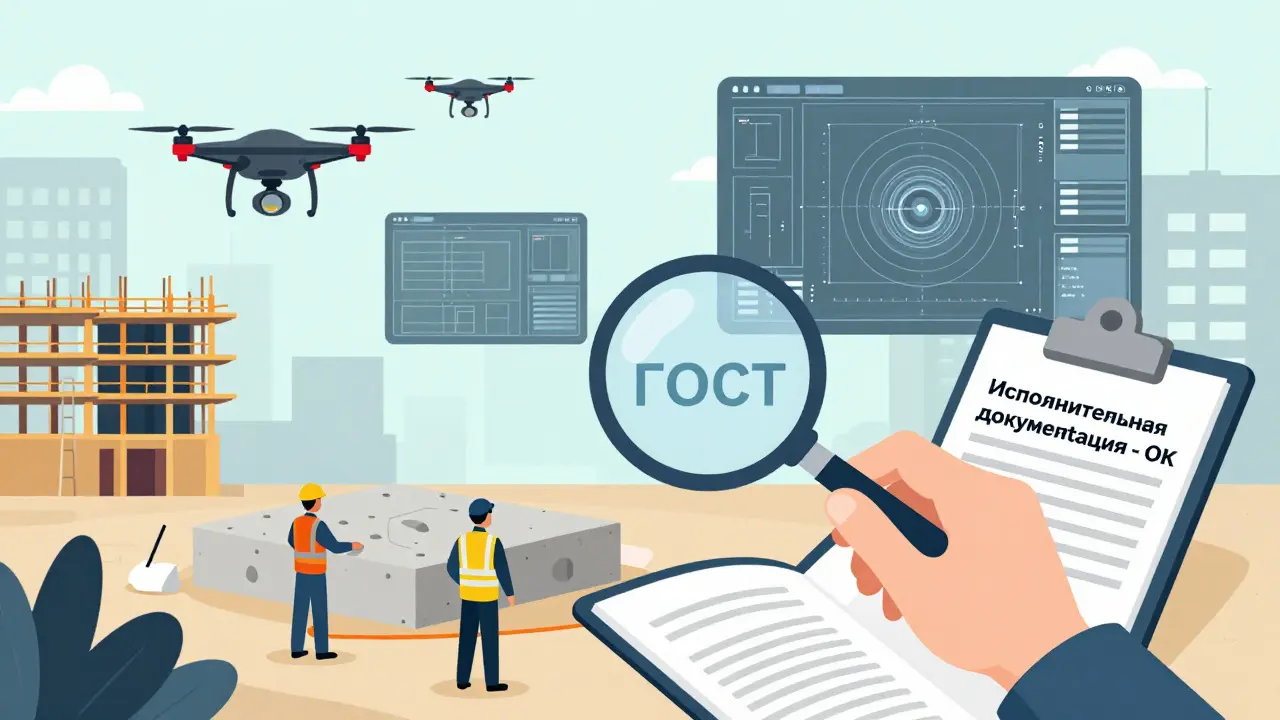 На стройке используются дроны, BIM-модели и электронные журналы работ, символизирующие современные технологии.