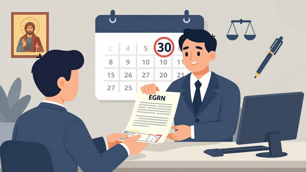 Нотариус удостоверяет сделку по продаже доли, на столе — документы и почтовые уведомления.