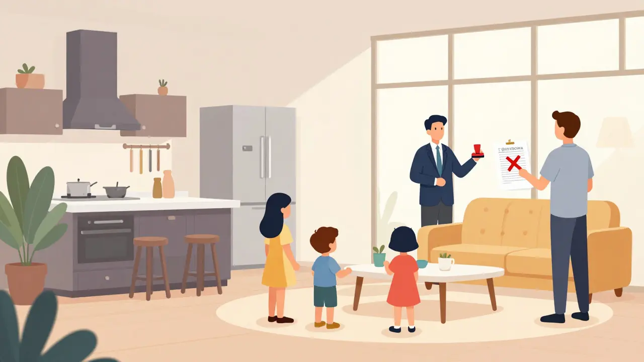 Открытая планировка кухни и гостиной с одобренным разрешением на перепланировку и отвергнутым планом на заднем плане.