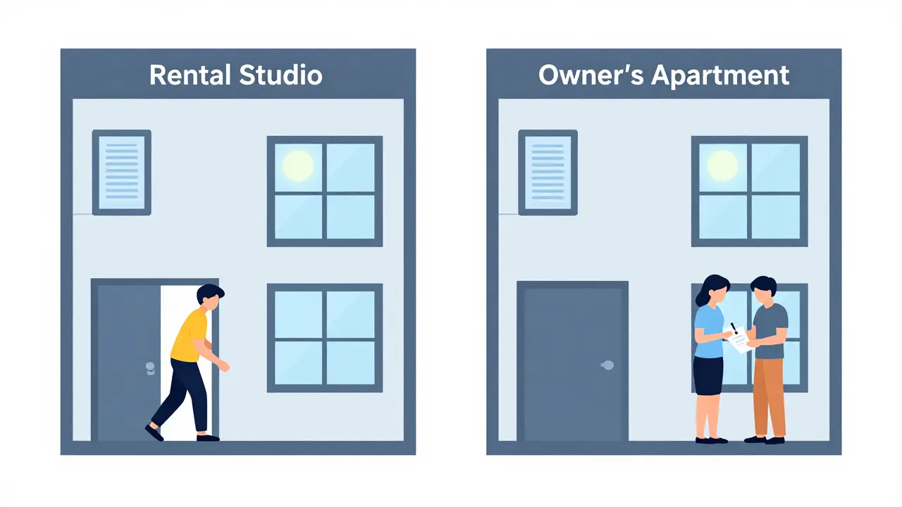 Разделенная квартира с двумя входами: студия для аренды и жилая часть для владельца, с энергоэффективными окнами.