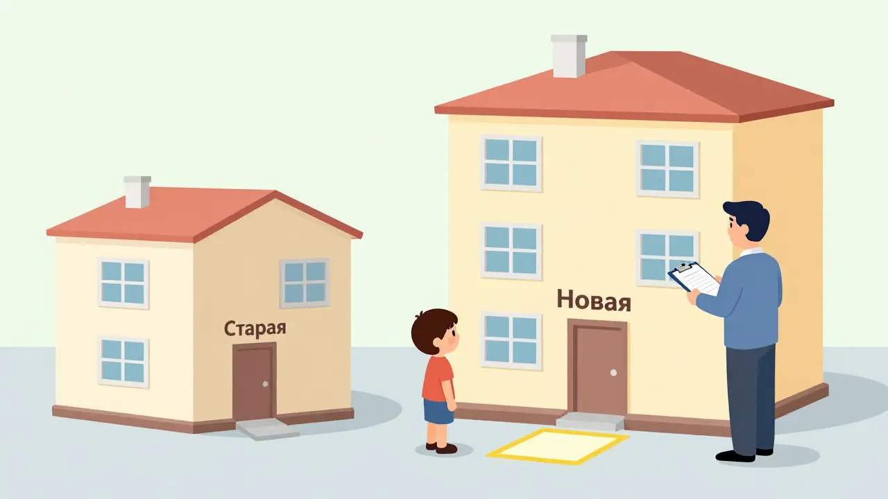 Ребёнок и родитель сравнивают площади двух квартир, чтобы соблюсти требования опеки.