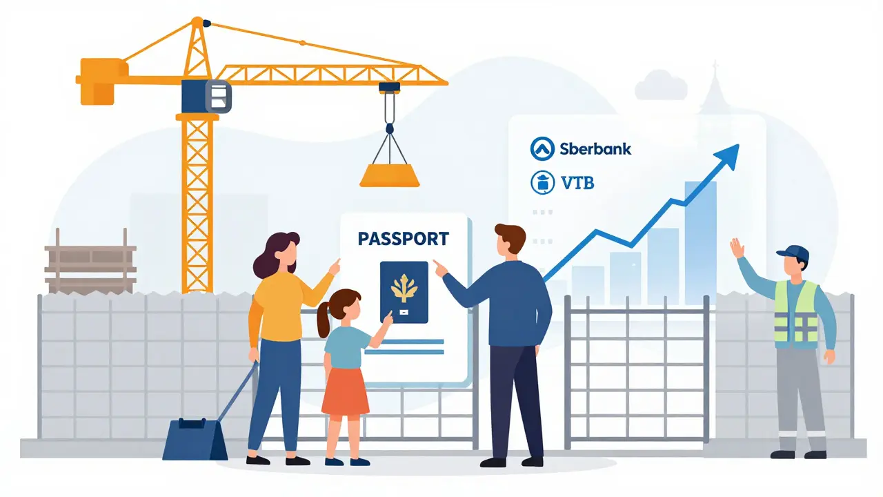 Семья осматривает стройку, видит паспорт объекта и работает кран, рядом — символы банков и эскроу-счета.
