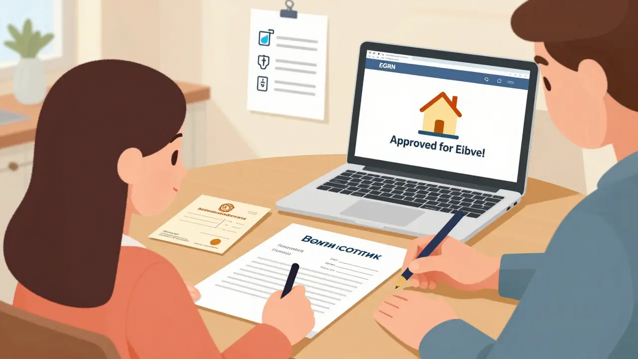 Семья подписывает договор о выделении долей детям, на экране — регистрация жилья как пригодного для проживания.