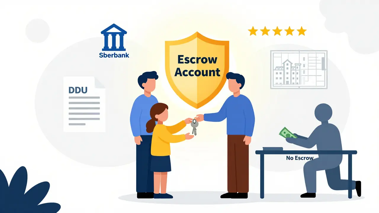 Семья получает ключи от новой квартиры, защищённая эскроу-счетом и официальными документами.