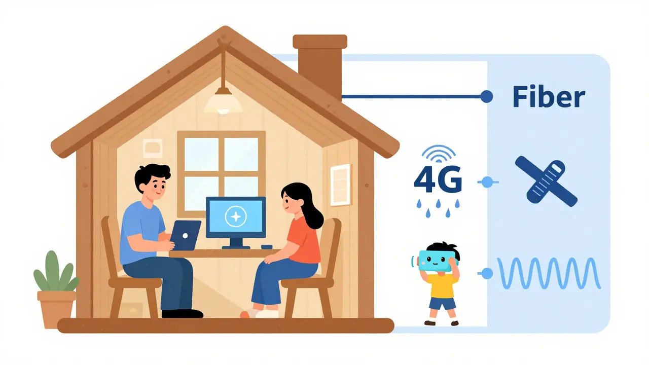 Семья в доме использует интернет: видеозвонок, стриминг и игра с сравнением технологий.