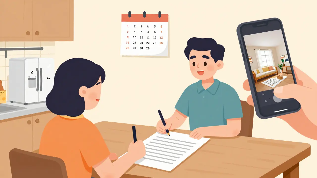 Собственник и арендатор подписывают договор, рядом — подробный список состояния имущества с иконками.