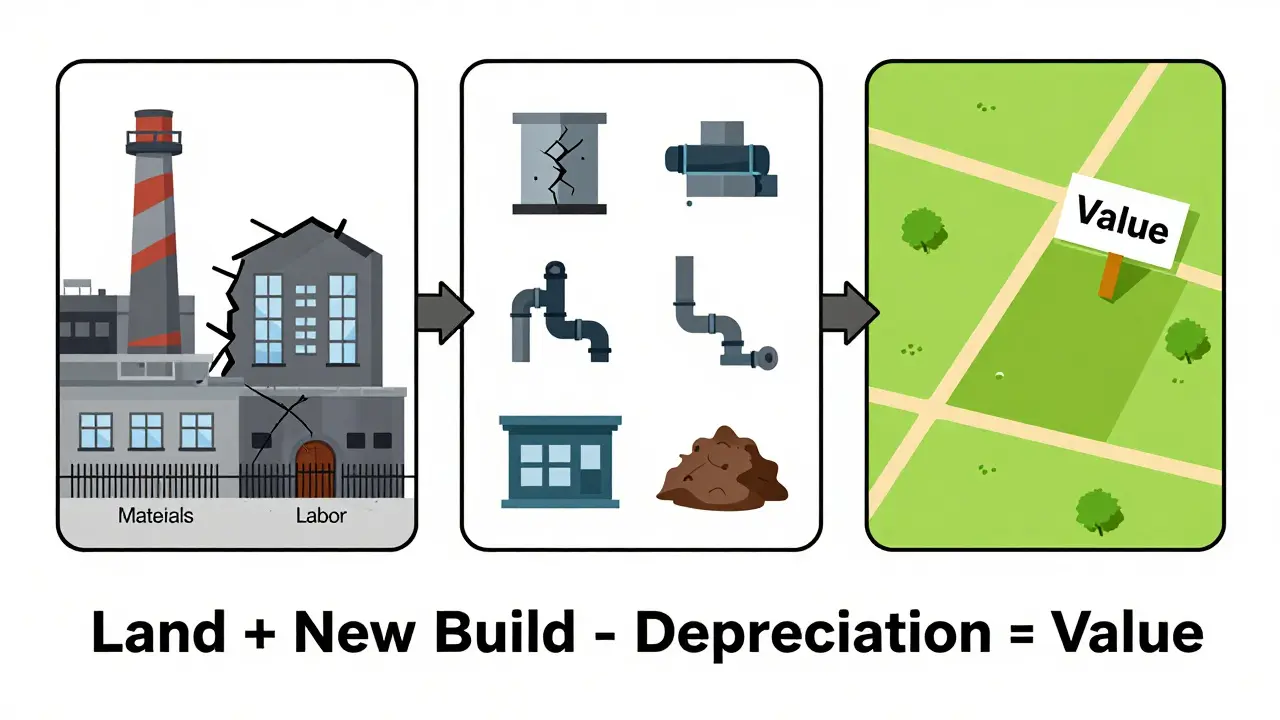Старый завод с расчетом восстановительной стоимости, износа и стоимости земли в плоском стиле.