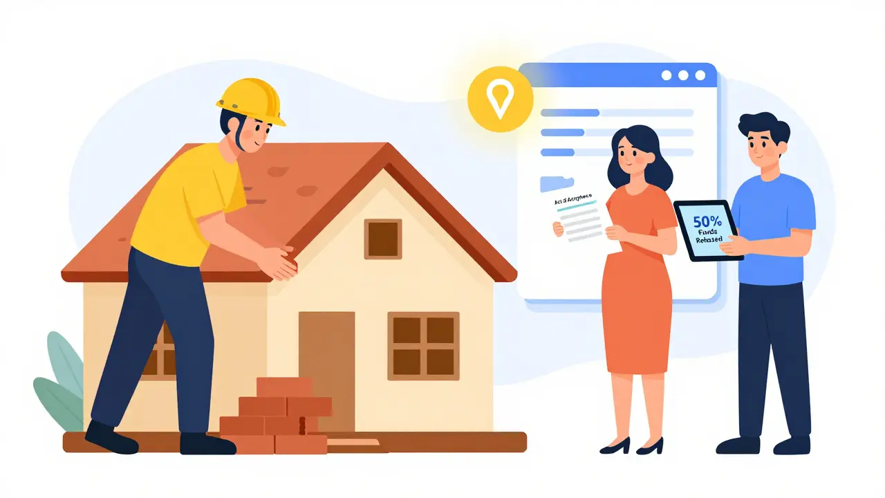 Строитель возводит дом, мать получает уведомление о переводе 50% средств маткапитала через банк.