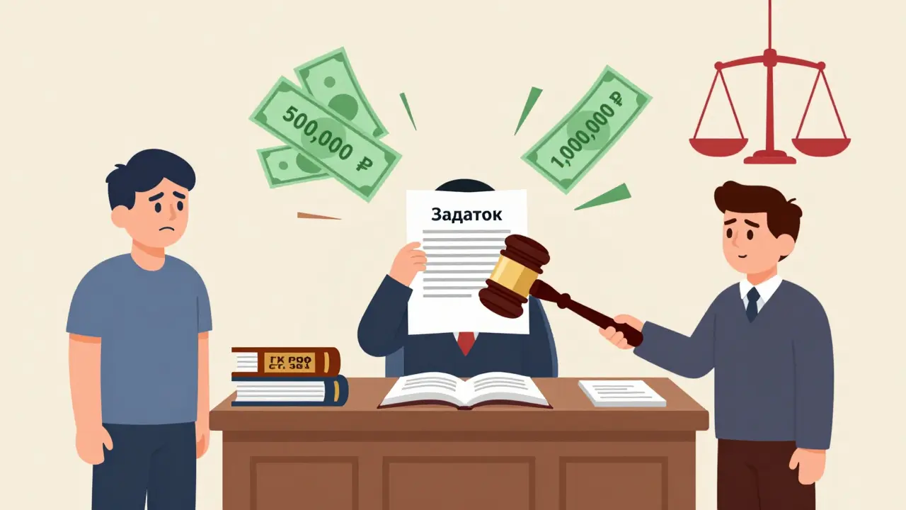 Судья бьёт молотком по договору, из которого вылетают две стопки денег — одна вдвое больше.