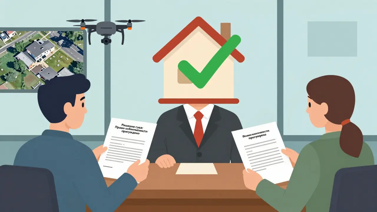 Судья выносит решение о легализации дома, рядом — экспертиза и согласие соседей.