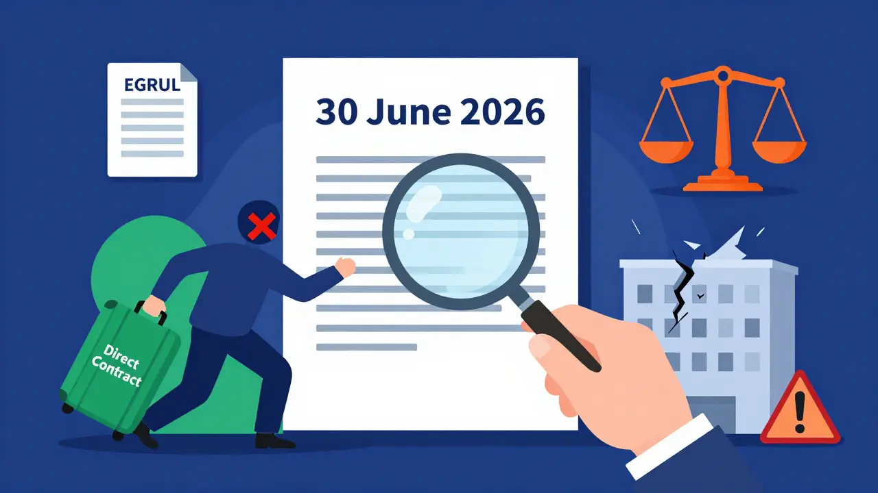 Юрист разбирает договор с точной датой сдачи, а мошенник убегает с 'прямым договором' и разрушающимся домом.