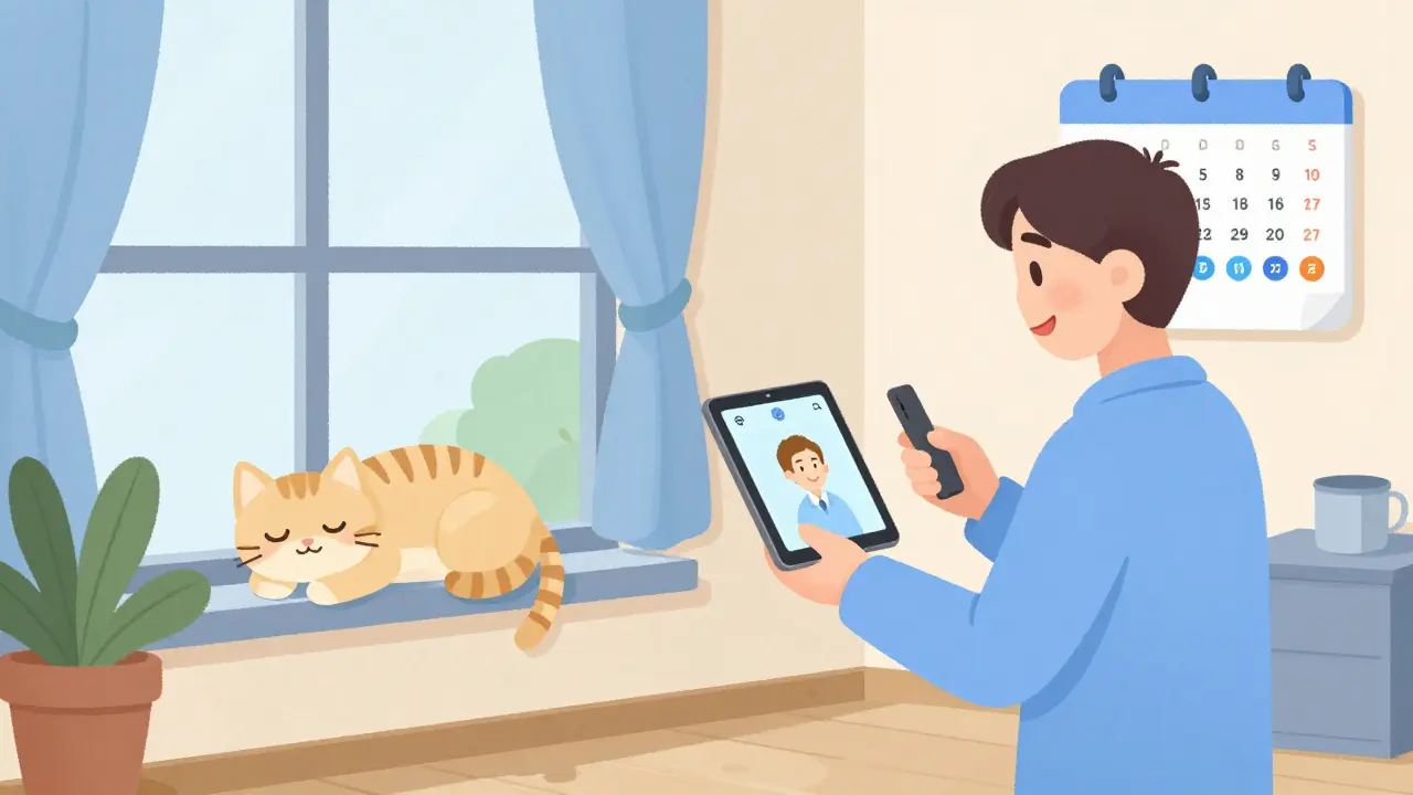 Арендатор отправляет видео спокойной кошки арендодателю, который с улыбкой смотрит его на телефоне.