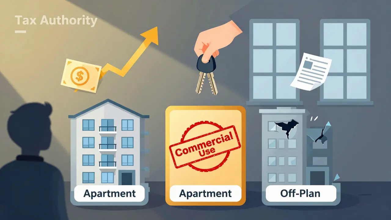 Арендодатель держит ключи от трех типов недвижимости, рядом — теневой налоговый орган и документы с расходами.